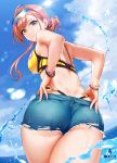 1girl arisugawa_natsuha ass back bangs bare_shoulders bikini black_eyes blush breasts brown_hair commentary_request day denim denim_shorts dimples_of_venus earrings eyebrows_visible_through_hair eyewear_on_head from_behind hair_up highres idolmaster idolmaster_shiny_colors infinote jewelry large_breasts long_hair looking_at_viewer looking_back outdoors shorts smile solo sunglasses swimsuit thighs tinted_eyewear torn_clothes torn_shorts wading wet yellow_bikini 