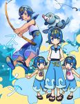  3girls absurdres age_difference bangs blue_eyes blue_hair blue_pants blue_sailor_collar blush bomhat character_name character_print commentary fishing_hook fishing_rod freckles gen_1_pokemon gen_7_pokemon gold_hairband hairband highres holding holding_fishing_rod hou_(pokemon) looking_at_viewer multiple_girls one-piece_swimsuit open_mouth outstretched_arms pants pokemon pokemon_(anime) pokemon_(creature) pokemon_sm_(anime) popplio sailor_collar sandals shellder shirt short_hair siblings sisters sleeveless slowpoke sui_(pokemon) suiren_(pokemon) swimsuit swimsuit_under_clothes teeth toes tongue upper_teeth water wishiwashi wishiwashi_(solo) 