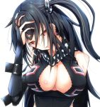  1girl arm_strap azur_lane bangs black_hair black_swimsuit breasts cleavage cross cross_choker cross_earrings crossed_bangs earrings front_zipper_swimsuit highres iron_cross jewelry large_breasts long_hair meme_attire multicolored_hair one-piece_swimsuit one_side_up red_eyes smile solo streaked_hair swimsuit tenteru u-47_(azur_lane) unzipped upper_body 