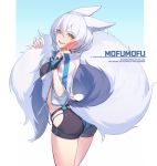  1girl alternate_costume animal_ears arknights ass bangs bikini bikini_shorts blue_bikini blush breasts fingerless_gloves food gloves hair_between_eyes highres holding jacket large_tail long_hair looking_at_viewer medium_breasts nian open_mouth popsicle provence_(arknights) purple_hair shorts silver_hair smile solo swimsuit swimwear tail thighs wolf_ears wolf_tail yellow_eyes 