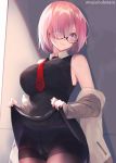  1girl bare_shoulders black_dress black_legwear blush breasts crotch_seam dress dress_lift fate/grand_order fate_(series) glasses hair_over_one_eye jacket large_breasts lavender_hair long_sleeves looking_at_viewer mash_kyrielight necktie off_shoulder open_clothes open_jacket panties panties_under_pantyhose pantyhose purple_eyes short_dress short_hair smile suzuho_hotaru thighband_pantyhose thighs underwear 