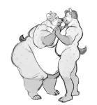  2020 anthro belly black_and_white boop butt digital_media_(artwork) duo facial_hair hi_res hyaenid male male/male mammal monochrome moobs nipples nose_boop nude obese obese_anthro overweight overweight_anthro overweight_male simple_background smile yasano_(artist) 