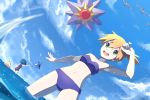  2girls arm_up blue_hair cloud commentary_request day gen_1_pokemon gen_3_pokemon gen_7_pokemon green_eyes kasumi_(pokemon) multiple_girls navel one-piece_swimsuit open_mouth orange_hair outdoors pokemon pokemon_(creature) pokemon_(game) pokemon_frlg pokemon_sm popplio psyduck s_himapanda short_hair sky smile splashing standing starmie suiren_(pokemon) swimsuit trial_captain wading water wingull 