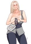  1girl absurdres blonde_hair blush breasts brown_eyes cleavage facial_mark forehead_mark highres jonbear large_breasts long_hair looking_at_viewer mature naruto naruto_(series) simple_background smile solo tsunade undressing white_background 