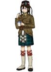  1girl absurdres anyan_(jooho) black_headwear boots brown_hair brown_jacket buttons cup full_body garrison_cap hat highres holding jacket kilt long_sleeves military military_uniform mug necktie original plaid red_legwear short_hair simple_background solo spoon standing uniform white_background white_footwear world_war_i 