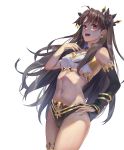  1girl ahoge armlet asymmetrical_sleeves bangs bare_shoulders bikini black_bow blush bow breasts brown_hair detached_sleeves earrings fate/grand_order fate_(series) gold_trim hair_bow hand_on_hip hand_on_own_chest highleg highleg_bikini highres hoop_earrings ishtar_(fate)_(all) ishtar_(fate/grand_order) jewelry long_hair looking_at_viewer medium_breasts mismatched_bikini navel neck_ring open_mouth parted_bangs red_eyes simple_background single_detached_sleeve smile sparkle swimsuit tiara tight_(ohmygod) two_side_up white_background 