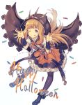  1girl :p adapted_costume bangs belt blonde_hair blue_eyes blue_sailor_collar boots bow bowtie bracer cagliostro_(granblue_fantasy) candy cloak eyebrows_visible_through_hair fingernails food frilled_skirt frills full_body granblue_fantasy halloween highres hood hood_up kotoribako long_hair looking_at_viewer nail_polish one_eye_closed orange_bow orange_nails orange_neckwear orange_skirt pantyhose puffy_short_sleeves puffy_sleeves purple_footwear purple_legwear sailor_collar school_uniform serafuku short_sleeves skirt solo suspender_skirt suspenders tongue tongue_out white_background 