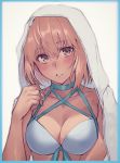  1girl aqua_bow bangs bare_shoulders bikini blonde_hair blush bow breasts brown_eyes cleavage fate/grand_order fate_(series) hair_bow hiro_(hirohiro_gorira) large_breasts looking_at_viewer okita_souji_(fate)_(all) okita_souji_(swimsuit_assassin)_(fate) parted_lips short_hair swimsuit towel towel_on_head white_bikini 