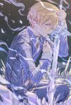  1boy blonde_hair blue_eyes blue_flower blue_pants blue_rose blue_rose_sword blush breath cold eugeo flower highres holding holding_sword holding_weapon hong ice looking_at_viewer pants profile rose short_hair solo sword sword_art_online sword_art_online:_alicization sword_mastery_academy_uniform weapon 