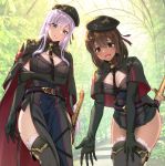  2girls :d absurdres alexandra_(suzuame_yatsumi) aqua_eyes arm_across_waist bangs belt beret blush boots breasts brown_eyes brown_hair cape capelet dress elbow_gloves eyebrows_visible_through_hair gloves hair_between_eyes hat highres large_breasts lavender_hair long_hair looking_at_viewer military military_uniform multiple_girls necktie open_mouth original pelvic_curtain reaching_out shalifa_(suzuame_yatsumi) short_dress short_hair sidelocks smile suzuame_yatsumi sword thigh_boots thighhighs thighs uniform weapon 