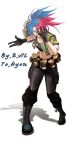  1girl black_gloves blue_eyes blue_hair boots dark_persona dog_tags evilgun gas_can gloves hand_over_eye jacket leona_heidern looking_at_viewer military military_uniform multicolored_hair ponytail red_eyes red_hair signature snk soldier solo tank_top the_king_of_fighters uniform 