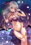  1girl armlet bangle bangs bare_shoulders bikini blush bracelet breasts chiachun0621 detached_sleeves earrings fate/grand_order fate_(series) floating_hair hair_between_eyes hair_ribbon hands_up highres jewelry kama_(fate/grand_order) large_breasts long_hair looking_at_viewer multiple_rings navel night open_mouth outdoors purple_bikini red_eyes ribbon silver_hair smile solo stomach swimsuit thighlet 