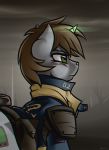  brown_mane cutie_mark equid equine fallout_equestria fan_character female feral fur glowing glowing_horn green_eyes grey_body grey_fur hasbro hi_res horn littlepip mammal mane my_little_pony solo unicorn vault_suit whitepone 