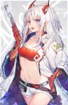  1girl :d arknights bandeau bangs braid commentary_request cowboy_shot grey_background half_updo hand_up highres holding horns jacket koyukomu long_hair long_sleeves looking_at_viewer midriff navel nian_(arknights) open_mouth pointy_ears purple_eyes short_shorts shorts silver_hair smile solo standing stomach strapless tongue tubetop white_jacket white_shorts wide_sleeves 