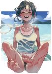  1girl :d absurdres beach black_hair black_shorts character_request choker closed_eyes copyright_request fangs feet highres kurokiri6630 ocean open_mouth ribbon_choker short_hair short_shorts shorts smile soles sweat tan tank_top tanline toes white_tank_top 