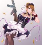  1girl absurdres assault_rifle black_eyes blonde_hair braid braided_bun breasts brown_hair bullet cleavage corset dress earrings eyebrows_visible_through_hair frilled_dress frills gradient_hair gun highres idolmaster idolmaster_shiny_colors izumi_mei jewelry large_breasts maid maid_dress maid_headdress multicolored_hair nail_polish puffy_short_sleeves puffy_sleeves purple_nails rifle sheer_legwear shell_casing short_sleeves simple_background sodemaru_unagi tan thighhighs trigger_discipline weapon white_background wrist_cuffs 