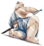  2020 absurd_res american_black_bear anthro black_bear butt clothing delivery_bear_service eyewear glasses hi_res kamui_shirow kermo_(kamui_shirow) kermode_bear male mammal overweight overweight_anthro overweight_male robe scar simple_background solo ursid ursine weapon white_background 