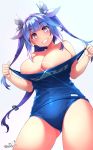  1girl bangs blue_hair blue_swimsuit blunt_bangs breasts commentary_request eyebrows_visible_through_hair gradient_hair grin hair_ribbon happa_(cloverppd) highres huge_breasts i-19_(kantai_collection) kantai_collection long_hair looking_at_viewer multicolored_hair name_tag one-piece_swimsuit pink_hair pulled_by_self red_eyes ribbon simple_background smile solo star-shaped_pupils star_(symbol) swimsuit swimsuit_pull symbol-shaped_pupils teeth tri_tails white_background 
