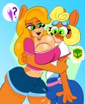  absurd_res activision anthro aroused bandicoot beauty_mark belt big_breasts bottomwear breast_squish breasts bulge clothed clothing coco_bandicoot crash_bandicoot_(series) crop_top cyclopsafterdark duo erection female hi_res intersex intersex/female mammal marsupial overalls shirt shorts simple_background squish suggestive t-shirt tawna_bandicoot topwear video_games wide_eyed 