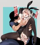  1boy 1girl absurdres animal_ears aomushi_(mushamusha) arms_behind_head black_footwear black_legwear black_leotard blush breast_sucking breasts bunny_ears bunny_girl bunnysuit censored cum detached_collar fake_animal_ears girls_und_panzer hairband hetero highleg highleg_leotard highres lactation leotard long_hair mosaic_censoring nipples one_side_up open_mouth pantyhose penis sex shimada_arisu silver_hair solo_focus tongue tongue_out torn_clothes torn_legwear vaginal 