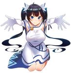  1girl alternate_costume bangs black_hair blue_eyes blue_ribbon breasts commentary dress dungeon_ni_deai_wo_motomeru_no_wa_machigatteiru_darou_ka english_commentary full_body gloves hair_ribbon harukagi hestia_(danmachi) highres kneeling large_breasts long_hair rei_no_himo ribbon simple_background smile solo twintails twitter_username white_background white_dress white_gloves white_ribbon 