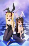  2girls animal_ears bangs bare_shoulders black_bow black_footwear black_leotard black_neckwear blonde_hair blue_bow blue_legwear blue_neckwear blush bow bowtie breasts brown_hair bunny_ears bunny_tail bunnysuit checkered checkered_floor cleavage closed_mouth collarbone detached_collar earrings ereshkigal_(fate/grand_order) fate/grand_order fate_(series) fishnet_legwear fishnets grey_legwear hair_bow high_heels highleg highleg_leotard highres hoop_earrings ishtar_(fate)_(all) ishtar_(fate/grand_order) jewelry kneeling leotard long_hair long_legs looking_at_viewer medium_breasts multiple_girls orange_eyes pantyhose parted_bangs parted_lips red_bow red_eyes shirotsumekusa siblings sisters sitting smile strapless strapless_leotard tail tiara two_side_up wariza wrist_cuffs yellow_footwear 