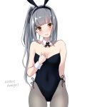  1girl animal_ears artist_name black_leotard black_ribbon blush breasts brown_eyes bunny_ears bunny_girl cleavage collarbone cowboy_shot dated detached_collar eyebrows_visible_through_hair fake_animal_ears grey_hair grey_legwear hair_ribbon kantai_collection kasumi_(kantai_collection) leotard long_hair looking_at_viewer open_mouth pantyhose ribbon side_ponytail signature simple_background solo u0709 white_background wrist_cuffs 
