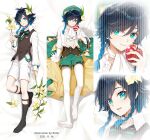  1boy 2021 apple billie_(meng_gong_fang) blue_eyes blue_hair bow bowtie braid chest_tattoo commentary_request dakimakura_(medium) dated eyebrows_visible_through_hair flower food frilled_shirt frills fruit full_body genshin_impact gradient_hair hair_between_eyes hair_flower hair_ornament hat holding holding_flower holding_food holding_fruit long_sleeves looking_at_viewer lying male_focus multicolored_hair multiple_views on_back open_clothes open_mouth open_shirt pantyhose shirt shorts smile tattoo teeth tongue twin_braids venti_(genshin_impact) vision_(genshin_impact) 