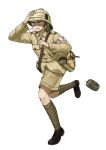  1girl absurdres anyan_(jooho) armband bag belt black_footwear blonde_hair blue_eyes brown_headwear brown_jacket brown_shorts buttons canteen frown full_body green_legwear hand_on_headwear helmet highres jacket long_sleeves military military_uniform original pith_helmet red_cross running satchel shoes shorts simple_background solo sweat uniform white_background world_war_i 