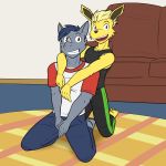  1:1 anthro anthrofied barefoot bottomwear clothed clothing duo eeveelution fully_clothed furniture fuze hi_res jolteon kneeling male nintendo on_ground pants pok&eacute;mon pok&eacute;mon_(species) rhydon shirt sofa t-shirt tank_top topwear video_games 