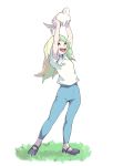 1girl :d animal blonde_hair blue_pants bunny commentary diana_cavendish english_commentary full_body green_hair grey_footwear hands_above_head hands_up holding holding_animal little_witch_academia multicolored_hair open_mouth pants shirt shoes short_sleeves simple_background smile solo two-tone_hair vins-mousseux white_background white_shirt 