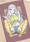  1girl absurdres alternate_costume aqua_nails bare_legs blue_shorts blush box breasts double_v facial_mark feet forehead_mark highres in_box in_container kimetsu_no_yaiba konishi_(565112307) large_breasts long_hair looking_at_viewer midriff mother_spider_demon_(kimetsu_no_yaiba) nail_polish navel orange_legwear pale_skin polka_dot polka_dot_shirt red_circle shirt shorts silver_eyes silver_hair smile soles solo striped striped_legwear thighhighs tied_shirt toenail_polish toes v weibo_logo weibo_username yellow_shirt 