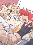  2boys beard blonde_hair blue_eyes boku_no_hero_academia deavor_lover eye_contact facial_hair feathered_wings feathers gloves hand_on_another&#039;s_face hawks_(boku_no_hero_academia) looking_at_another male_focus multiple_boys red_eyes spiked_hair todoroki_enji upper_body wings 