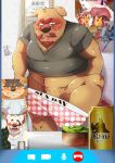  2020 anthro belly blush brown_body brown_fur bumomomoboa canid canine canis clothing domestic_dog eyewear fur glasses group hi_res inside kemono male mammal overweight overweight_male shirt topwear underwear undressing 