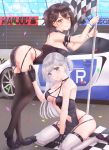  2girls absurdres arm_strap ass azur_lane bangs bare_shoulders bent_over between_legs black_footwear black_gloves black_legwear blue_eyes blue_sky blush breasts brown_eyes brown_hair center_opening checkered checkered_flag cleavage cloud collarbone commentary_request confetti criss-cross_halter day dress earrings eyebrows_visible_through_hair eyeliner flag full_body gloves groin hair_between_eyes halter_dress halterneck hand_between_legs highres jewelry kcc_(tanimahimeyuri) large_breasts long_hair looking_at_viewer makeup mole mole_under_eye multiple_girls navel navel_cutout one_side_up parted_lips pelvic_curtain race_queen racecar racetrack revealing_clothes shadow shoukaku_(azur_lane) shoukaku_(sororal_wings)_(azur_lane) shoulder_strap side_ponytail sidelocks silver_hair sitting sky smile standing thighhighs very_long_hair wariza white_legwear wrist_cuffs zuikaku_(azur_lane) zuikaku_(the_wind&#039;s_true_name)_(azur_lane) 