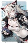  2020 2:3 accessory animal_humanoid arknights black_nails bottomwear bra breasts canid canid_humanoid chibi clothing collar colored_nails duo eye_scar female hair hair_accessory hairclip hi_res humanoid jacket lappland_(arknights) long_hair mammal mammal_humanoid nails navel robot_cat scar shorts silver_hair simple_background smile solo_focus texas_(arknights) topwear underwear 