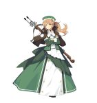  1girl bow_(weapon) brown_hair capelet crossbow crossed_arms detached_sleeves dress evenicle full_body green_dress green_eyes hat highres kathryn_lapucelle long_dress long_hair looking_at_viewer official_art ponytail solo tachi-e transparent_background tsundere weapon 