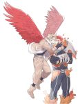  2boys beard blonde_hair blue_eyes bodysuit boku_no_hero_academia crossed_arms deavor_lover facial_hair feathered_wings feathers flying hand_on_another&#039;s_face hawks_(boku_no_hero_academia) highres looking_at_another male_focus multiple_boys muscle red_eyes shoes spiked_hair thighs todoroki_enji upper_body white_background wings yellow_eyes 