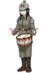  1girl absurdres anyan_(jooho) belt belt_buckle black_hair blue_eyes boots brown_footwear buckle buttons drum drumsticks full_body grey_headwear grey_jacket grey_pants helmet highres holding instrument jacket long_hair long_sleeves military military_uniform original pants sidelocks simple_background smile solo standing straight_hair teeth uniform white_background world_war_i 