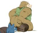  anthro balls belly black_nose blue_body blue_fur brown_body brown_fur butt clothing dragon_quest duo eto1212 fur genitals hi_res humanoid_hands kemono lying male male/male mammal orc_(dragon_quest) shirt simple_background square_enix suid suina sus_(pig) topwear video_games white_background wild_boar 