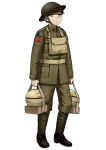  1girl absurdres anyan_(jooho) bag black_footwear blue_eyes brodie_helmet brown_hair brown_jacket brown_pants buttons closed_mouth english_text explosive full_body green_headwear helmet highres holding jacket leg_wrap long_sleeves looking_at_viewer military military_uniform original pants satchel shoes short_hair simple_background solo standing uniform white_background world_war_i 