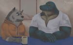  2020 5_fingers anthro beverage clothing coffee coffee_mug crocodile crocodilian crocodylid dave_(password) duo fingers fur furniture gayredalligator green_body grey_body grey_fur hi_res holding_coffee_mug holding_object hoodie humanoid_hands hyaenid inside looking_at_another looking_at_viewer male mammal muscular muscular_male orange_hoodie painting password_(grizz) reptile sal_(password) scalie shirt signature sitting striped_hyena table teeth topwear white_clothing white_shirt white_topwear yellow_eyes 