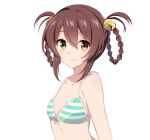  1girl aika_(mitou_shoukan) bangs bell bikini bikini_top braid breasts brown_hair cleavage closed_mouth collarbone eyebrows_visible_through_hair green_eyes hair_bell hair_between_eyes hair_ornament halterneck mitou_shoukan://blood_sign nemu_mohu shiny shiny_hair simple_background small_breasts smile solo striped striped_bikini swimsuit tied_hair twin_braids upper_body white_background 