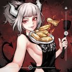  1:1 2020 apron apron_only big_breasts breasts camera_view clothing demon demon_humanoid female food hair helltaker horn humanoid lucifer_(helltaker) mole_(marking) mostly_nude not_furry pancake plate ponytail red_background red_eyes robot_cat simple_background smile solo spade_tail spatula tools white_hair 