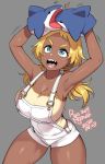  1girl agawa_ryou armpits arms_up artist_name bare_shoulders blonde_hair blue_eyes breasts cleavage dark_skin grey_background hand_puppet jpeg_artifacts large_breasts looking_up low_twintails open_mouth original overalls puppet shark sharp_teeth tank_top teeth thick_eyebrows thighs twintails white_overalls yellow_tank_top 