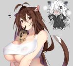  2019 animal_humanoid arknights beverage big_breasts blush bodily_fluids breasts brown_eyes brown_hair canid canid_humanoid deathalice drooling duo felid felid_humanoid female female_doctor_(arknights) grey_background hair hands-free_bubble_tea humanoid lappland_(arknights) long_hair mammal mammal_humanoid meme saliva simple_background surprise tailwag white_hair 