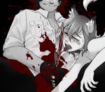  animal_humanoid blood blush bodily_fluids boyfriend_to_death canid canine claws clothed clothing duo ear_tuft fox gatobob gloves gore hair handwear human humanoid knife male male/male mammal open_mouth ren_hana strade_(gatobob) sweat teeth tongue tuft video_games visual_novel 