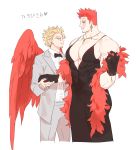  2boys abs bara bare_shoulders beard blonde_hair blue_eyes boku_no_hero_academia bow bowtie chest crossdressing deavor_lover dress earrings facial_hair feathered_wings feathers formal gloves hawks_(boku_no_hero_academia) highres holding_hands jewelry male_focus manly multiple_boys muscle mustache pectorals red_hair scar sleeveless smile spiked_hair suit todoroki_enji upper_body wings yaoi 