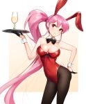  1girl animal_ears black_gloves black_legwear black_neckwear bow bowtie breasts bunny_day bunny_ears bunny_tail bunnysuit cowboy_shot cup detached_collar drinking_glass gloves half_gloves highres leotard long_hair looking_to_the_side medium_breasts original pantyhose pink_hair red_eyes red_leotard side_ponytail simple_background solo spica_(starlitworks) strapless strapless_leotard tail tray white_background wine_glass wrist_cuffs 