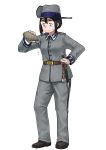  1girl absurdres anyan_(jooho) belt black_footwear black_hair blue_eyes buttons canteen closed_mouth full_body grey_headwear grey_jacket grey_pants hat highres holding jacket knife military military_uniform original pants sheath sheathed shoes short_hair simple_background solo standing straight_hair sweat uniform white_background world_war_i 